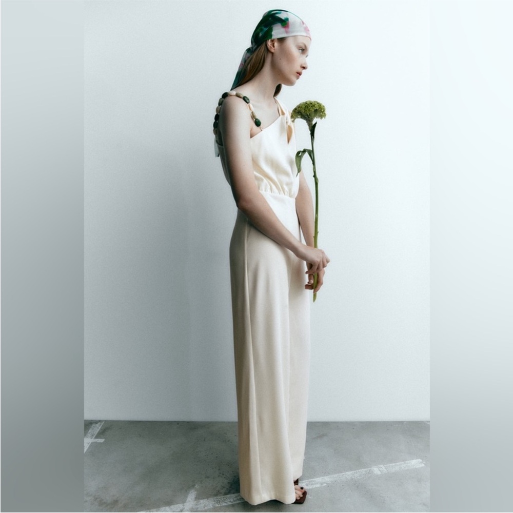 Zara Cream One-Shoulder Beaded Strap Wide-Leg Jumpsuit size medium